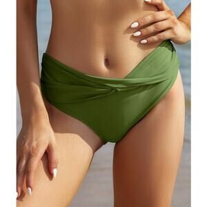 SHEKINI Twist Front Cheeky Bikini Swimsuit Bottom Olive NWT Size M